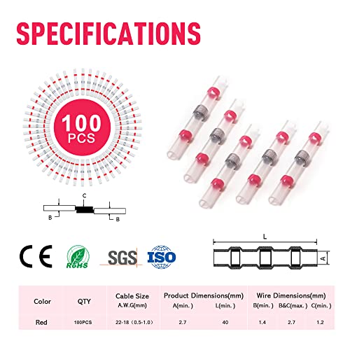 Kuject 100PCS Solder Seal Wire Connectors AWG 22-18, Red Solder Seal Heat Shrink Butt Connectors Terminals Solders Sleeve Waterproof Wire Splice Connector for Marine Automotive Boat Wire Joint - size: AWG 22-18 Red