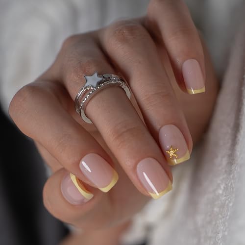 CurvLife Short Square Press On Nails, Honey Drift Honey Yellow, Soft Gel - color: Butter Star