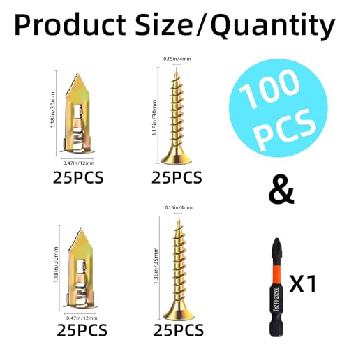100 PCS Heavy Duty Self Drilling Drywall Anchors Kit with 1 Drill Bit - Zinc-Plated Steel Material - No Drill Required Holds Up to 75LB for Gypsum Board, Hollow Walls and Mounting TV, Picture Frames - size: 100Pcs 2Size kit