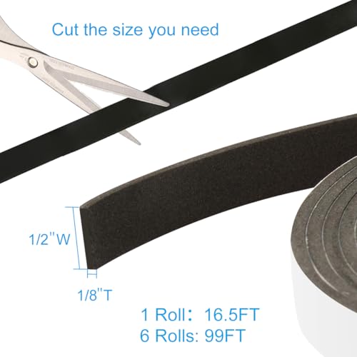 Seal Foam Tape,1/2 Inch W x 1/8 Inch T Weather Stripping for Door and Window,High Density Single Sided Closed Cell Door Insulation Weather Strip, 6 Rolls Total 98FT Black - size: 1/2'' W x 1/8'' T x 98Ft