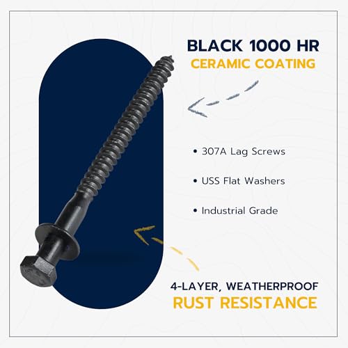 3/8 x 5 (50 Pack) Lag Screw Kit, 50 Screws and 50 Washers, Ceramic Black Ruspert Coating for Exterior Use, Meets ASTM A307 and ASME B18.2.1, Industrial/Commerical Grade by Makers Bolt - size: 3/8 x 5