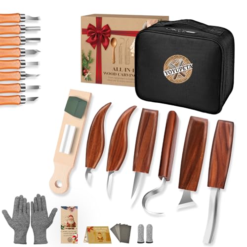 Wood Carving Kit, 30-Piece Professional Whittling & Carving Tool Set with Walnut Handle Knives, Detail Gouges, Sharpening Stone, Strop & Cut-Resistant Gloves for Adult Hobbyists and Craft Use - color: 30-piece Wood Carving Tools