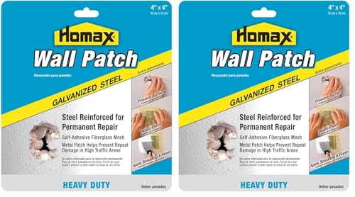 Homax 4"x4" Heavy Duty Galvanized Steel & Reinforced Fiberglass Mesh Wall Patch (Pack of 2) for Drywall & Plaster Repair - size: 4x4 in. (Pack of 2), style: Heavy Duty Steel