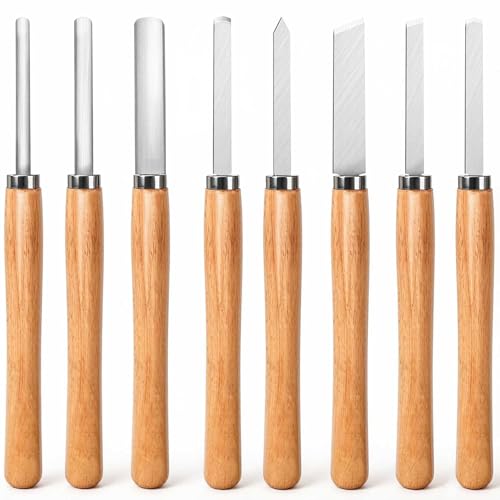 Hanpex 8 Piece Heavy Duty Wood Turning Chisel Set, Lathe Chisel Cutting Tools, (3) Gouge (1) Round Nose (1) Spear Point (2) Skew and (1) Parting Tools for Beginner to Professional