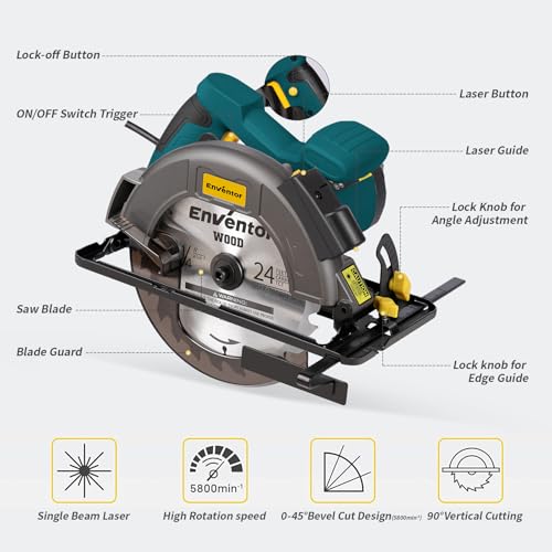 Enventor Circular Saw with Laser Guide, 2 Blades 7-1/4", 11A Corded Motor - size: 11A