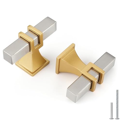 Haliwu 10 Pack Cabinet Knobs Brushed Nickel Silver & Gold Drawer Pulls - color: Brushed Nickel & Matte Gold, size: T-bar knob