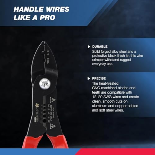 NEIKO 02037A Compact Wire Stripper | 4-in-1 Multi Purpose Electricians Pliers | Wire Crimper, Cutter and Gripper | 12-20 AWG Wire Service Tool | Crimps Insulated & Non-Insulated | Electrical Stripping - style: 4-in-1 Electrician's Pliers