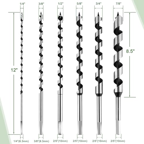 Hex Shank Long Wood Auger Bit 6Pcs, Multi Size Carbon Steel Drill Kit