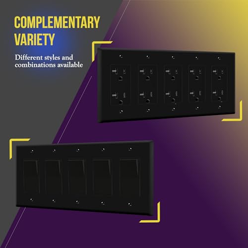 ENERLITES 5-Gang Black Mid-Size Decorator Switch Outlet Wall Plate Cover - color: Black, size: Mid-size