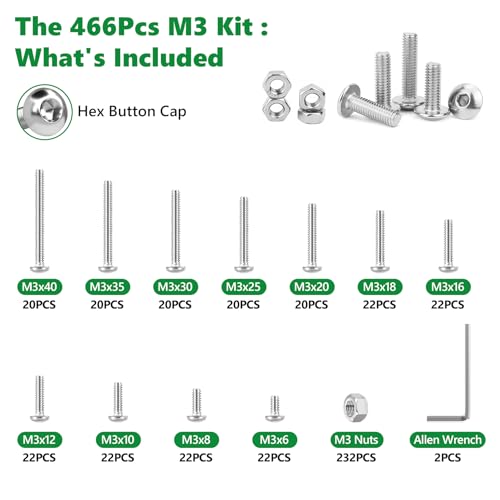 466 Pcs M3 Hex Button Cap Screws Nuts Washers Wrench Kit, 304 SS - size: SS M2 466pcs 2