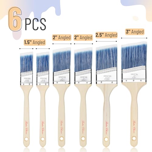 Bates Angle Paint Brushes, 6 Pack - 1.5", "2", "2.5", "3" Inch, Treated Wood Handle, Stain & Wall Paint Brushes for Walls & Furniture - color: Wood Handle Angle, size: 6 Pack, 1.5", 2", 2.5", 3"