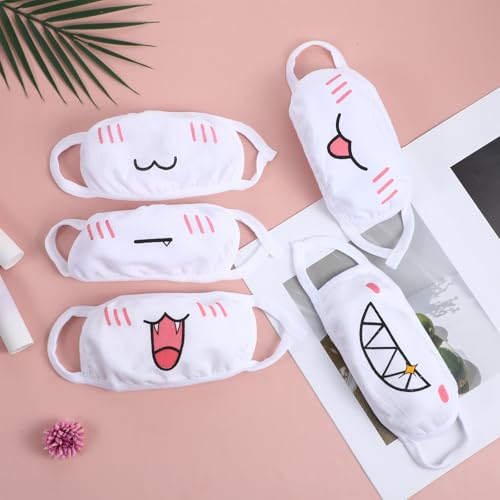Cute Cat Face Mask, Kawaii Cotton Mouth Masks Reusable Washable Face Mask Anti-Dust Anime Masks for Women Men - color: White 5pcs