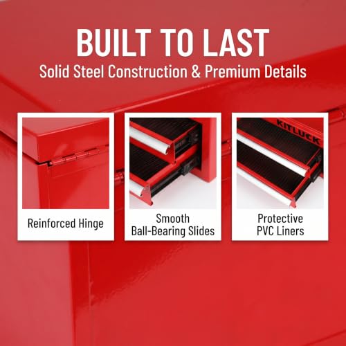 KITLUCK Mini Metal Tool Box, 2-Drawer Top Chest with Ball Bearing Slides, PVC Linerst, Durable Cold Rolled Steel Small Tool Organizer for DIY Home Office Multi-Purpose Storage,Red - color: RED