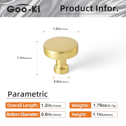 Goo-Ki 6 Pack Brushed Brass Cabinet Knobs Kitchen Drawer Knob Zinc Alloy Solid Hardware - Modern Single Hole/Screw Bar Cabinet Pulls Handles - color: Brushed Brass, size: 1.2 Inches