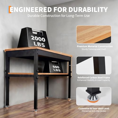48"x 24" Adjustable Workbench 2500LBS, Work Bench with Power Outlet & Shelf - color: Black-48" X 24"