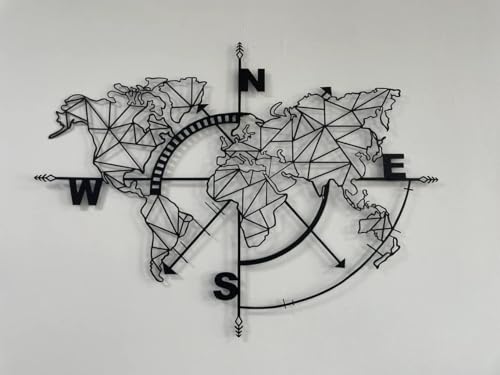 Metal World Map Wall Art Geometric Compass, Wall Decor Art Work, Metal Sign, Home Living Room Decoration, Black (55"W x 41"H / 140x104 cm) - size: 55"L x 41"W