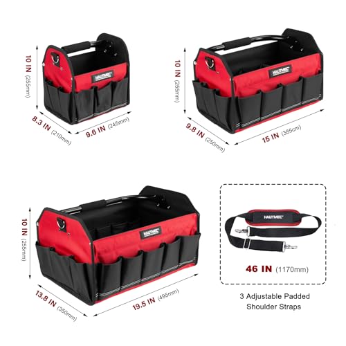HAUTMEC 3PCS Heavy-Duty Tool Tote Bag Set, 1680D Large Tool Bags with Rigid Frame, Foldable Handle & Padded Shoulder Strap, Water-Resistant Hard Base, Multi-Pocket Tool Box Organizer – HTTBH25052 - style: Tool Tote | 3-Piece