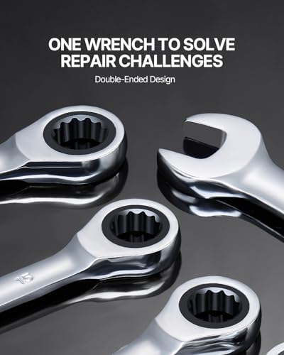 VEVOR Combination Wrench Set, 8-Piece Ratcheting Wrench Set with Organizer Rack, Cr-V Steel, Metric 8 mm to 19 mm, Ideal for General Household, Garage, Workshop, Auto Repairs, Emergency - size: 8PCS (Metric), style: Regular