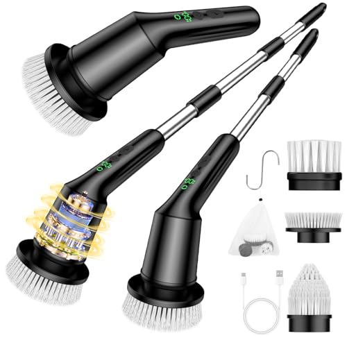 Electric Spin Scrubber for Bathroom, Shower Scrubber with Long Handle - color: Black, size: 3 Brush Heads