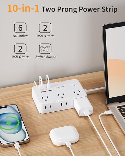 DEPOW 2 Prong to 3 Prong Adapter Power Strip-6 Outlets 4 USB Port (2USB-C - color: White, size: 5 FT(2 prong plug)