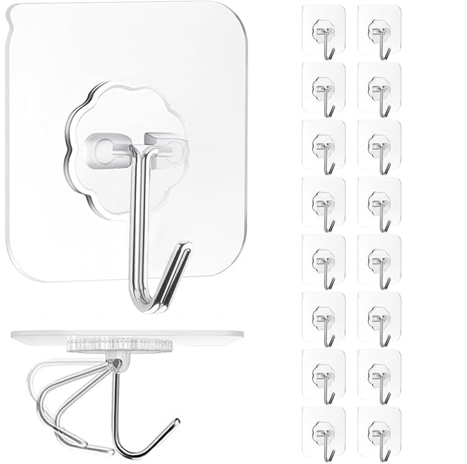 Adhesive Wall Hook, Set Heavy-Duty Thickened self-Adhesive Hook，16Pcs，33lb max Loading，Transparent, Waterproof, Bathroom, Outdoor, Kitchen, Doors, Practical Tools. - size: 2.3″*2.3″ 33lb max