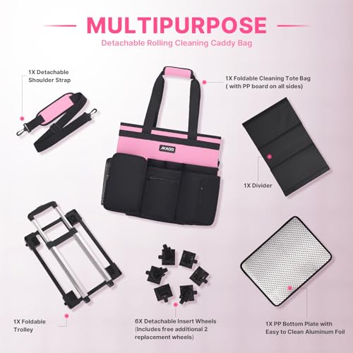 JKAOO Large Rolling Cleaning Caddy Bag with Detachable Trolley, Pink - color: Pink