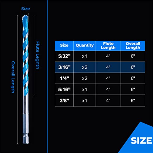 toolant 3/16" Concrete Drill Bit Set & Masonry Drill Bit Set, Shockproof Hex Shank Hammer Drill Bit Set for Glass/Brick/Plastic/Cement/Tile, Industrial Strength Carbide Drill Bit Tip 1/4" Box of 10 - size: 3/16" (10pcs)