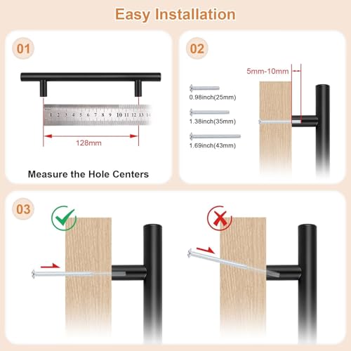 Probrico 30 Pack Holes Centers(128mm) 5Inch Flat Black Cabinet Pulls, Stainless Steel Dresser Drawer Handles, Euro T Bar 7.5inch Length Pull Handle for Kitchen Cabinets - size: Center to Center: 5 inch