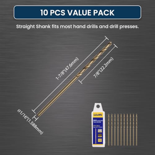 LU&MN M35 Cobalt HSS Jobber Length Twist Drill Bit with Straight Shank, Heavy Duty, Drilling for Cast Iron, Heat-Treated Steel, Stainless Steel and Other Hard Materials, 10 pcs, 1/16" - size: 1/16"