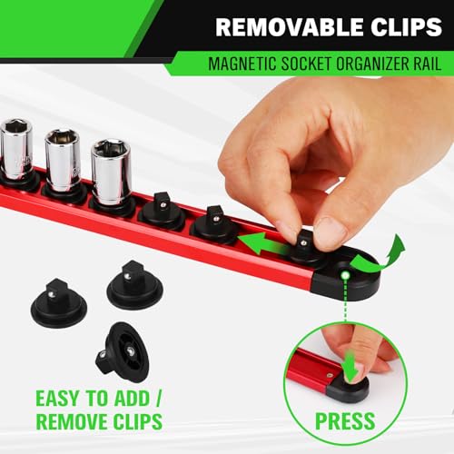 1/4-Inch Magnetic Socket Organizer Rail, Aluminum Alloy Socket Rail, Heavy Duty Sockets Holder with 14 Clips, 360° Swivel Clip Tool Tray, Sockets Organizer for Tool Box Drawer (Red) - style: Red 1/4-inch