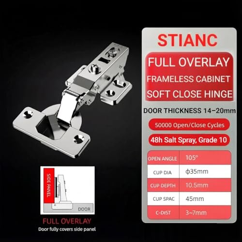 10 Pcs Full Overlay Frameless Soft Close Cabinet Hinges,105° 3-Way
