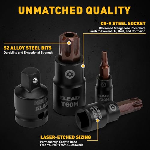 16-Piece Torx Bit Socket Set - Premium S2 Steel European Style T8-T60 with Socket Adapters, Star Bit Socket Set 1/4”, 3/8” and 1/2” Drive | Professional Mechanic Garage Tools - style: Torx