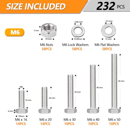 232 Pcs M6 Hex Bolts and Nuts Assortment Kit, M6-16/20/30/40/50mm Screws - size: M6 - 16/20/30/40/50mm
