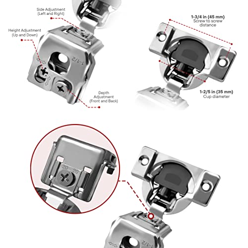 Berta (10 pcs) 1 1/2" Overlay Cabinet Door Hinges, 90 Degree Restricted Opening Angle Soft Closing Face Frame Hinges, 6-Ways 3-Cam Adjustment, Concealed Kitchen Cabinet Door Hinges with Screws - size: 1 1/2" Overlay