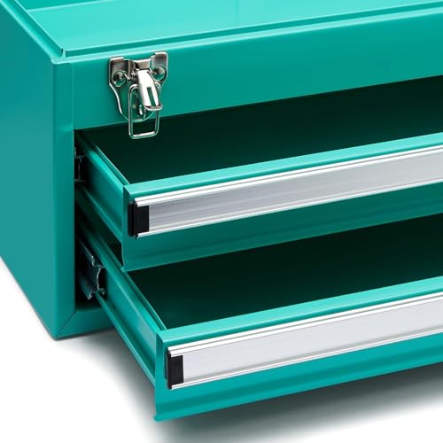 Amazon Basics Metal Tool Box with Drawers, Storage and Organization Tool Chest, Powder Coat Finish, 18.1 x 8.7 x 9.5 in, Turquoise