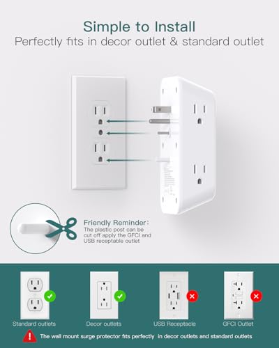 Addtam Surge Protector, 6 Outlet Extender with Night Light and 4 USB Ports | Multi Plug Wall Outlet, Electrical Outlet Splitter, 3-Sided 1800J Power Strip for Home/Dorm/RV, All-in-one, Easy to Install