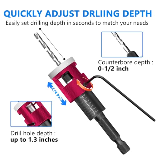 BURMONG 5-Piece Countersink Drill Bit Set with Adjustable Depth Stop, 1/4" Hex Shank Quick Change Drilling Tool Kit, 82° Woodworking Chamfer Bits for Wood, Plywood, MDF, Plastic - style: With Adjustable Depth Stop