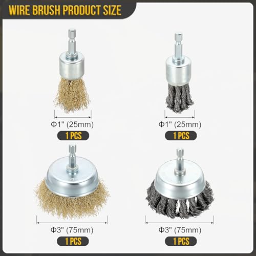 DTGN 4 Pcs Wire Pen Cup Brush Set for Drill 0.02"/0.012" Wire Size 1/4" Hex