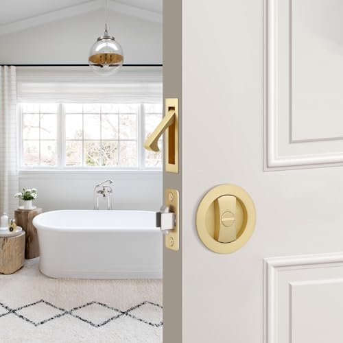 EHOMEWARE 1 Pack Brushed Gold Pocket Door Lock with Edge Pull, Satin Brass - color: Satin Brass, size: Privacy + Pull B