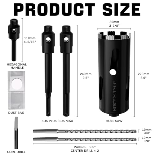 Diamond Core Drill Bit 3-1/8"(80mm) with Pilot Bit & Adapters (SDS Plus & Hex) – Upgraded Welded Segments, 8.6" Depth – for Concrete, Solid Brick, Hollow Brick, Masonry & More - size: (3-1/8"/80mm)