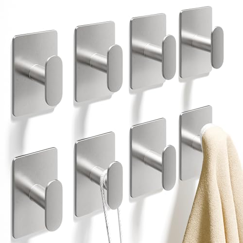 pickpiff Adhesive Towel Hooks: 20LB Extra Strong Wall Hanger, Silver 8 Pack - color: Silver, size: 8 Pack