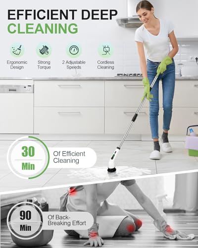 Cordless Electric Spin Scrubber, 9 Brush Heads, 2-Speed Motor - size: 9heads