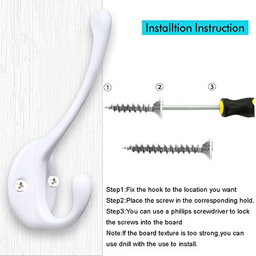 10 Pack Heavy Duty Dual Coat Hooks Wall Mounted with 20 Screws Retro Double Hooks Utility Black Hooks for Coat, Scarf, Bag, Towel, Key, Cap, Cup, Hat (White) - color: White