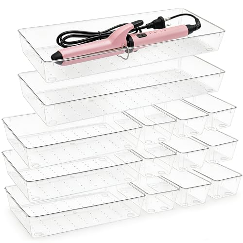 Manalete 14 Pcs Plastic Drawer Organizer with 2 pcs 15"x6" Vanity Organizer - size: 2 Pack 15×6", 3 Pack 9×6", 9 Pack 3×6"