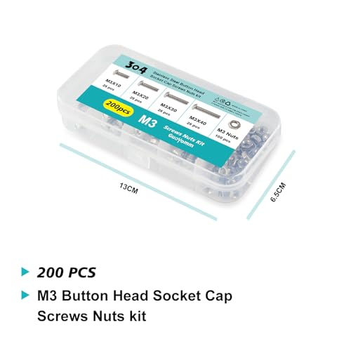 M3 x 10mm 20mm 30mm 40mm Button Head Socket Cap Screws Bolts and Nuts, Stainless Steel 304, Bright Finish, Metric Allen Hex Drive, Fully Thread, Assortment Kit 200PCS - size: Button M3x10-40mm+Nuts