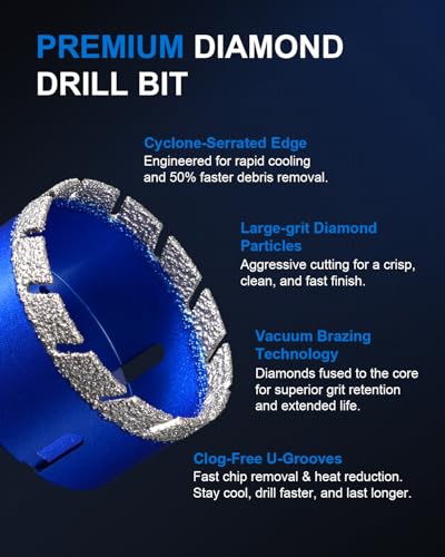 15Pcs Diamond Hole Saw Kit, Tile Hole Saw Kit for Quartz & Granite | 9 Hole Saws (1/4" to 4"), Finger Bit & Chamfer Bit Included, Hex & SDS Plus Adapters, Vacuum Brazed Diamond - size: 1/4",5/16",4/5",1",1-3/8",2",3",4"