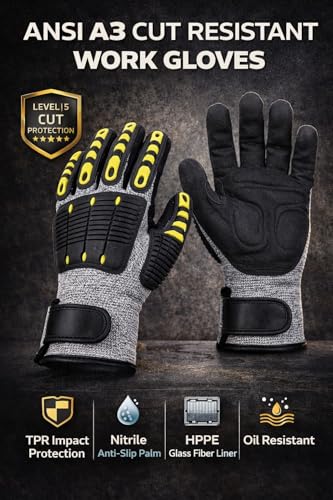 ANSI A3 Cut Resistant Work Gloves, TPR Impact Protection, Nitrile Anti-Slip Palm, HPPE Glass Fiber, Oil Resistant. LARGE - size: Large