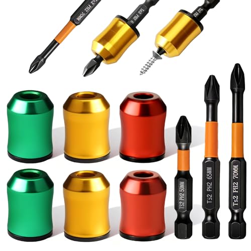 6 Pcs Magnetic Screw Holder Ring with 3 Pcs Ph2 Screwdriver Bit Set, 1/4" Universal Strong Magnetic Ring, Removable Screwdriver Bit Holder Tool for Drill Bits & Hex Screwdrivers