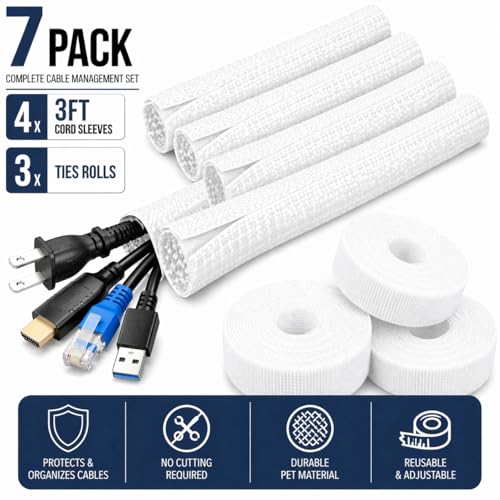 Cable Management Kit – 4 Pack 3FT Cord Sleeves + 3 Roll Reusable Cable Ties, Wire Organizer Wrap for TV, Desk, Computer, Home & Office, White