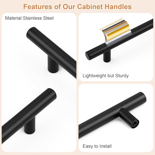 Probrico 30 Pack Holes Centers(128mm) 5Inch Flat Black Cabinet Pulls, Stainless Steel Dresser Drawer Handles, Euro T Bar 7.5inch Length Pull Handle for Kitchen Cabinets - size: Center to Center: 5 inch